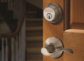 Lockset with Styled Handle on Brown Wooden Door