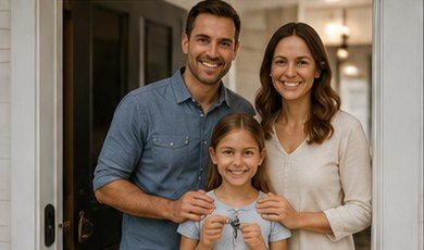 Family at the front door of their new home